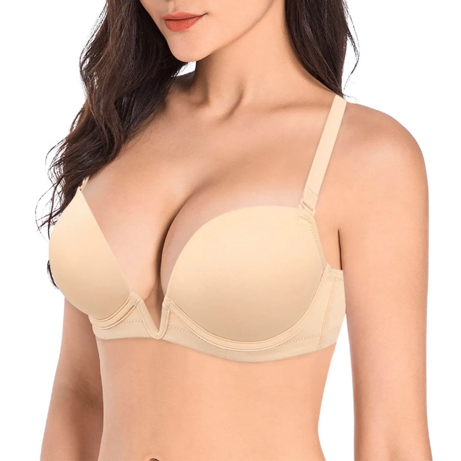 Deep V Plunge Push Up Padded Underwire Low Cut Bra with Clear Straps