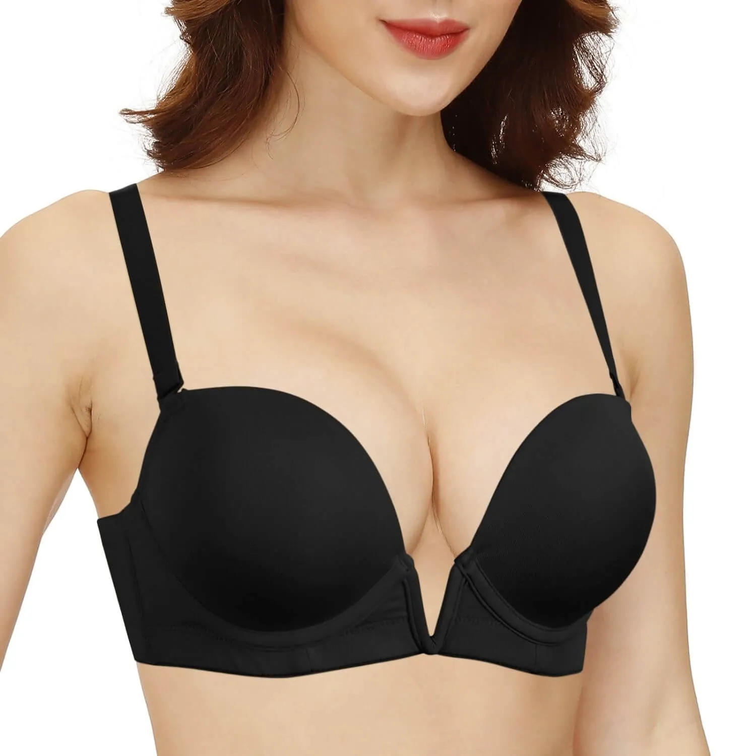 Deep V Plunge Push Up Padded Underwire Low Cut Bra with Clear Straps