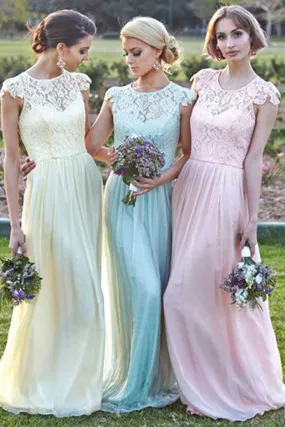 Different Colors Chiffon Junior Small Round Neck Lace Cap Sleeve Long Bridesmaid Dresses,SVD489