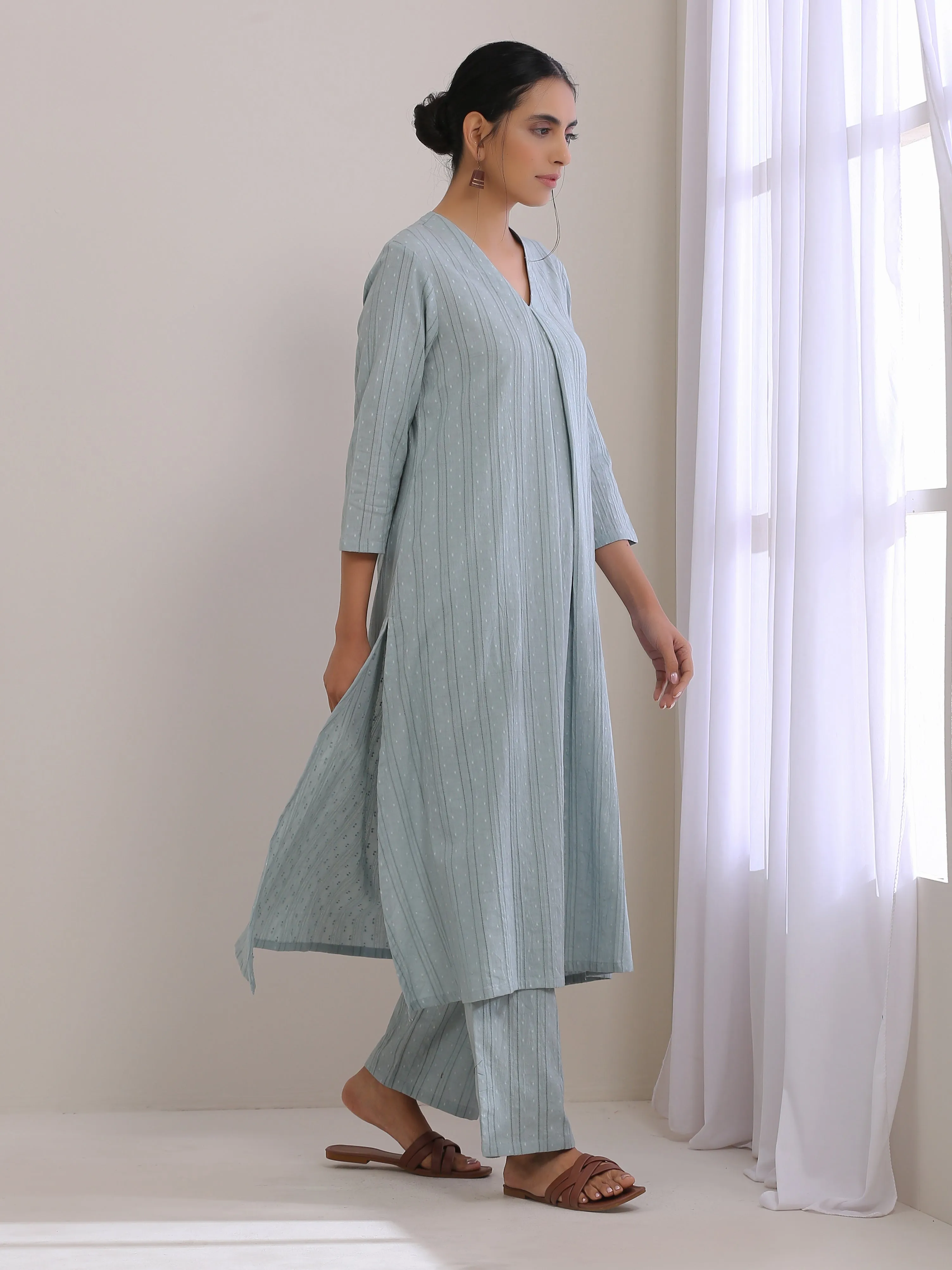 Eggshell Blue Dobby Neck Pleat Kurta Pant Set