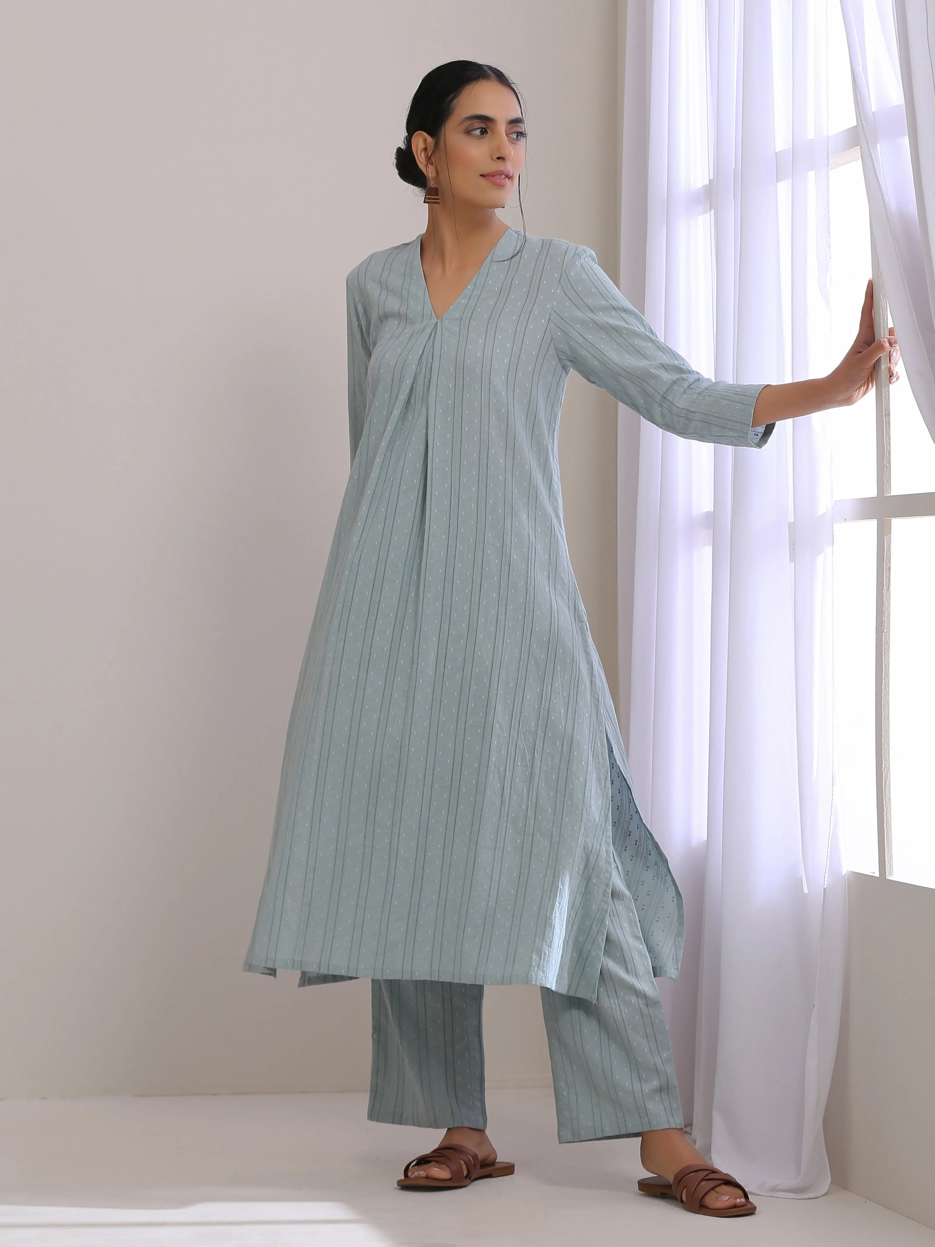 Eggshell Blue Dobby Neck Pleat Kurta Pant Set