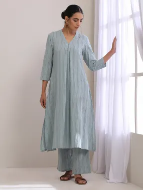 Eggshell Blue Dobby Neck Pleat Kurta Pant Set