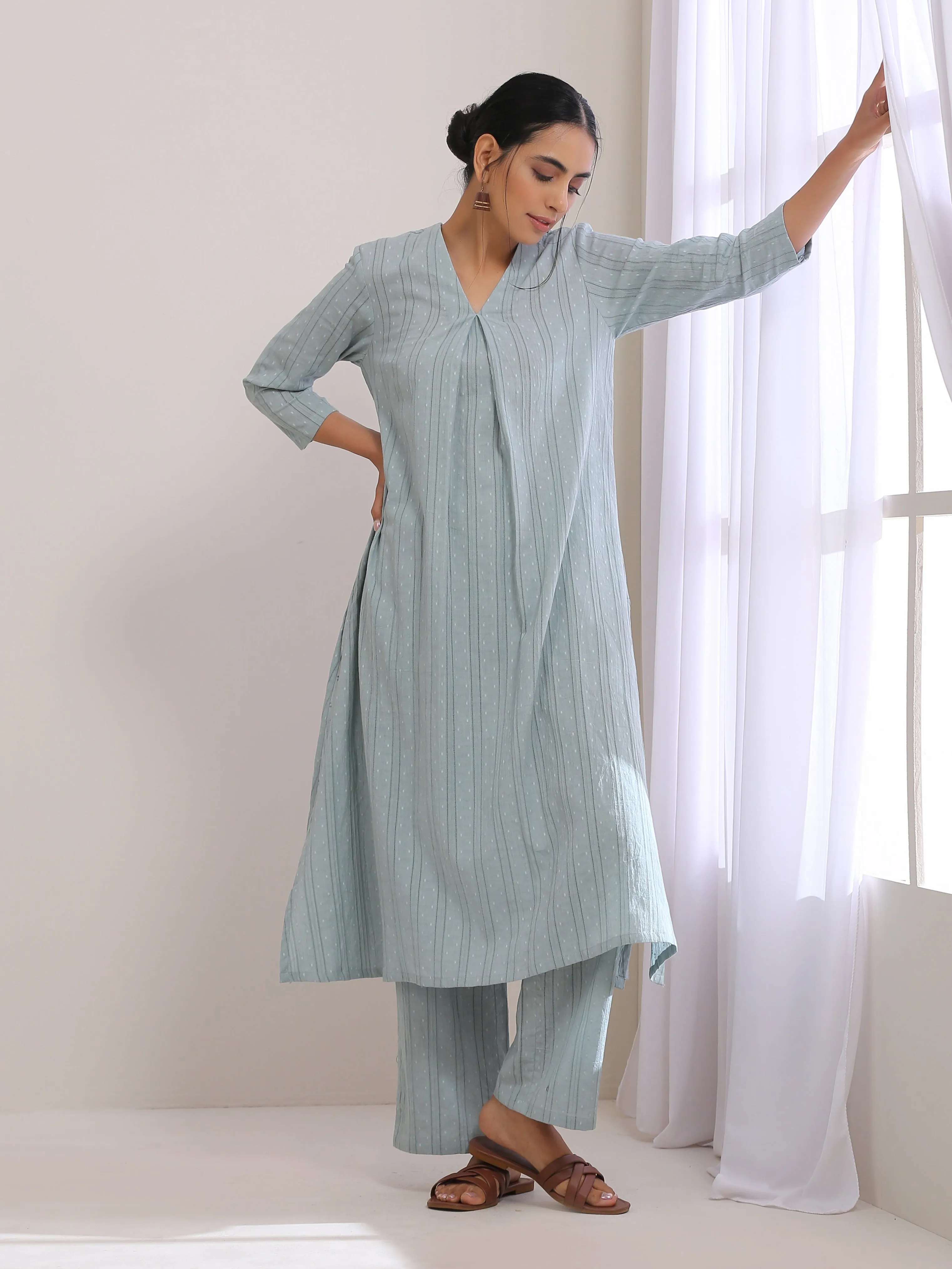 Eggshell Blue Dobby Neck Pleat Kurta Pant Set