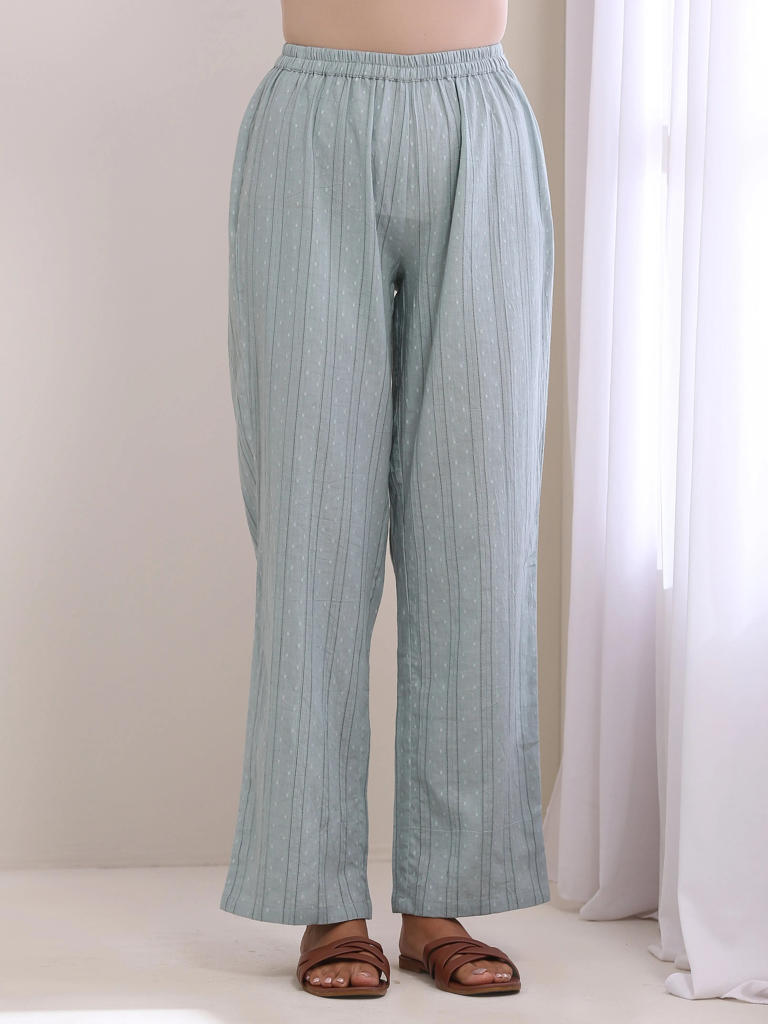 Eggshell Blue Dobby Neck Pleat Kurta Pant Set