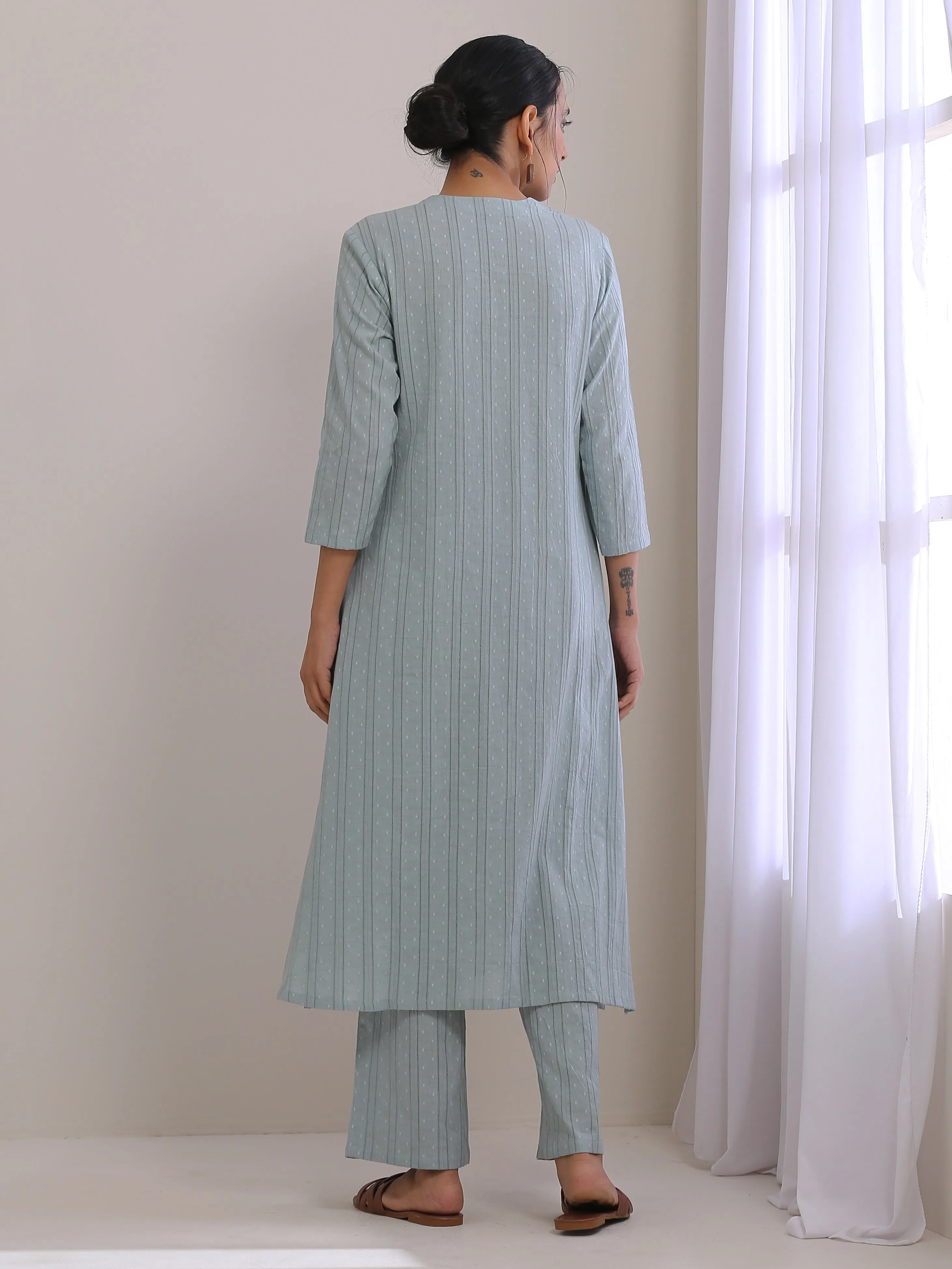 Eggshell Blue Dobby Neck Pleat Kurta Pant Set