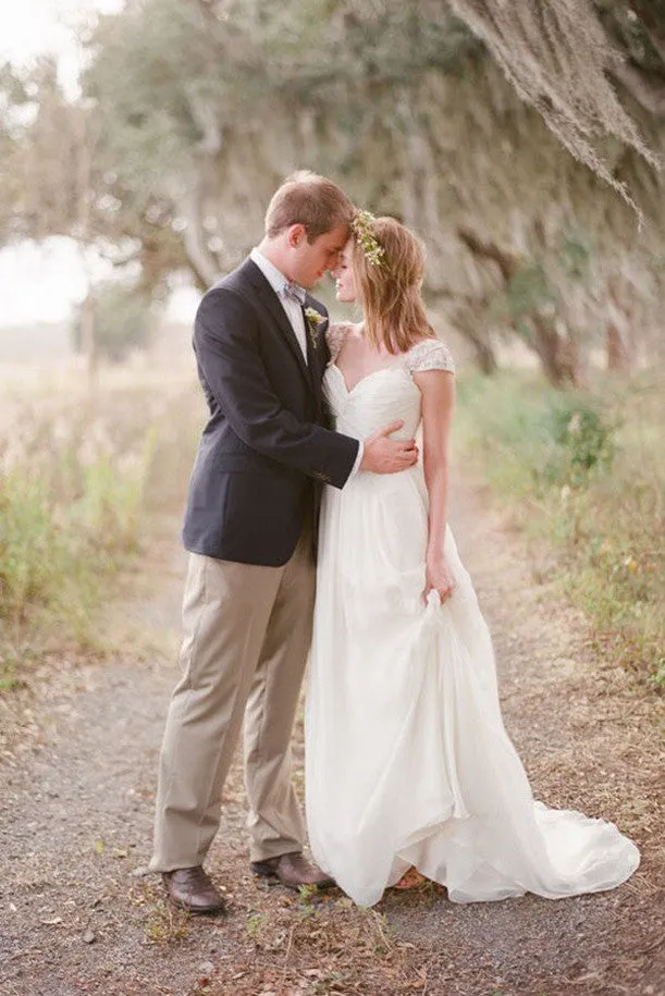 Elegant Cap Sleeve Wedding Gown,Long Chiffon Sweetheart Wedding Dresses,SW14