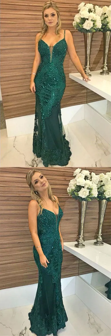 Elegant Green Mermaid Spaghetti Straps Beaded Prom Dress with Appliques, SP469