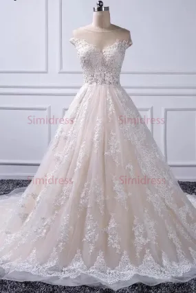 Elegant Pink Ball Gown Tulle Off Shoulder Wedding Dresses with Train, SW152