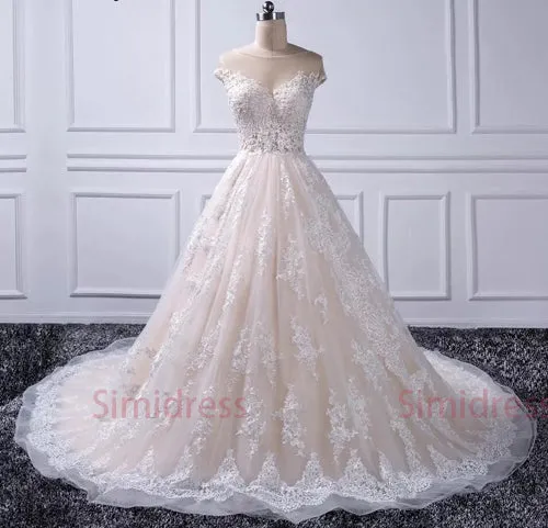 Elegant Pink Ball Gown Tulle Off Shoulder Wedding Dresses with Train, SW152