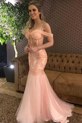 Elegant Pink Tulle Mermaid Off Shoulder Long Prom Dress with Lace Appliques, SP474