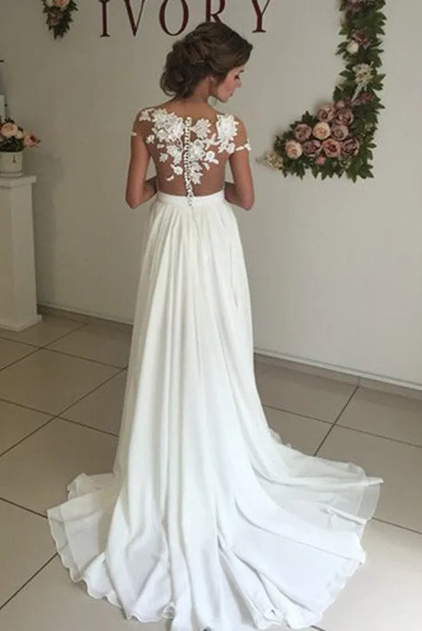 Elegant V-neck Cap Sleeves Wedding Dresses with Sweep Train and Appliques,SW16