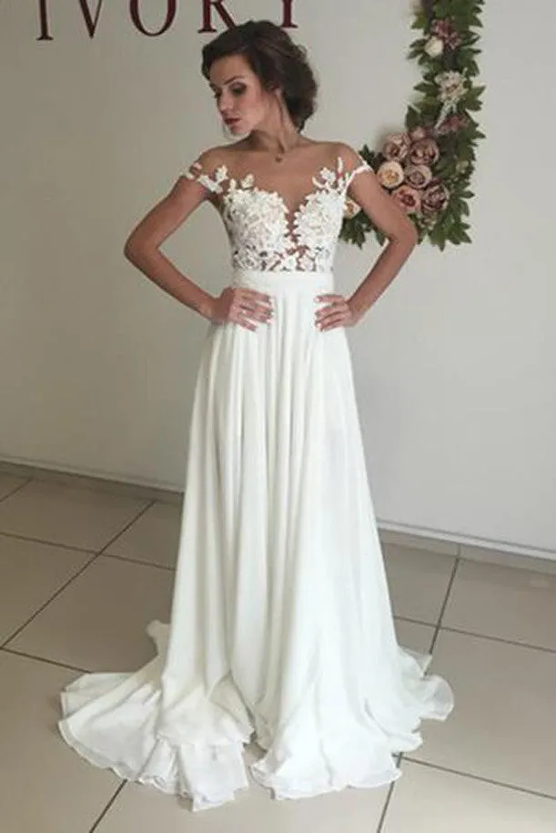 Elegant V-neck Cap Sleeves Wedding Dresses with Sweep Train and Appliques,SW16