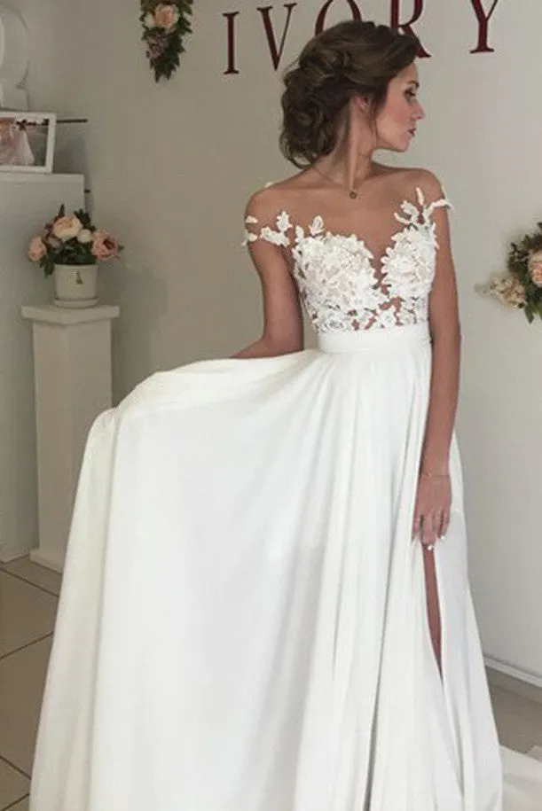 Elegant V-neck Cap Sleeves Wedding Dresses with Sweep Train and Appliques,SW16