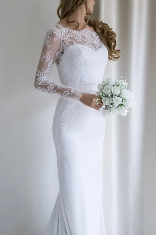 Elegant White Lace Long Sleeves Mermaid Long Wedding Dress with Train, SW155