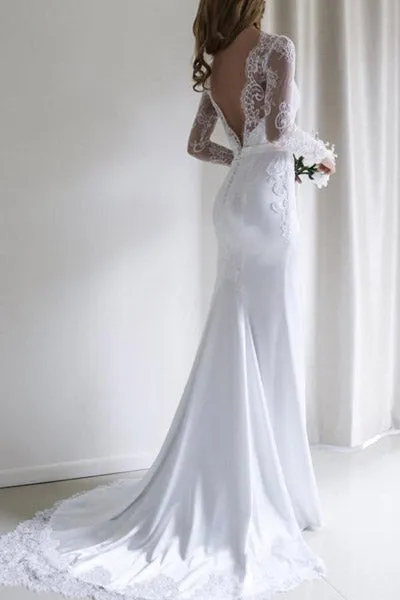 Elegant White Lace Long Sleeves Mermaid Long Wedding Dress with Train, SW155