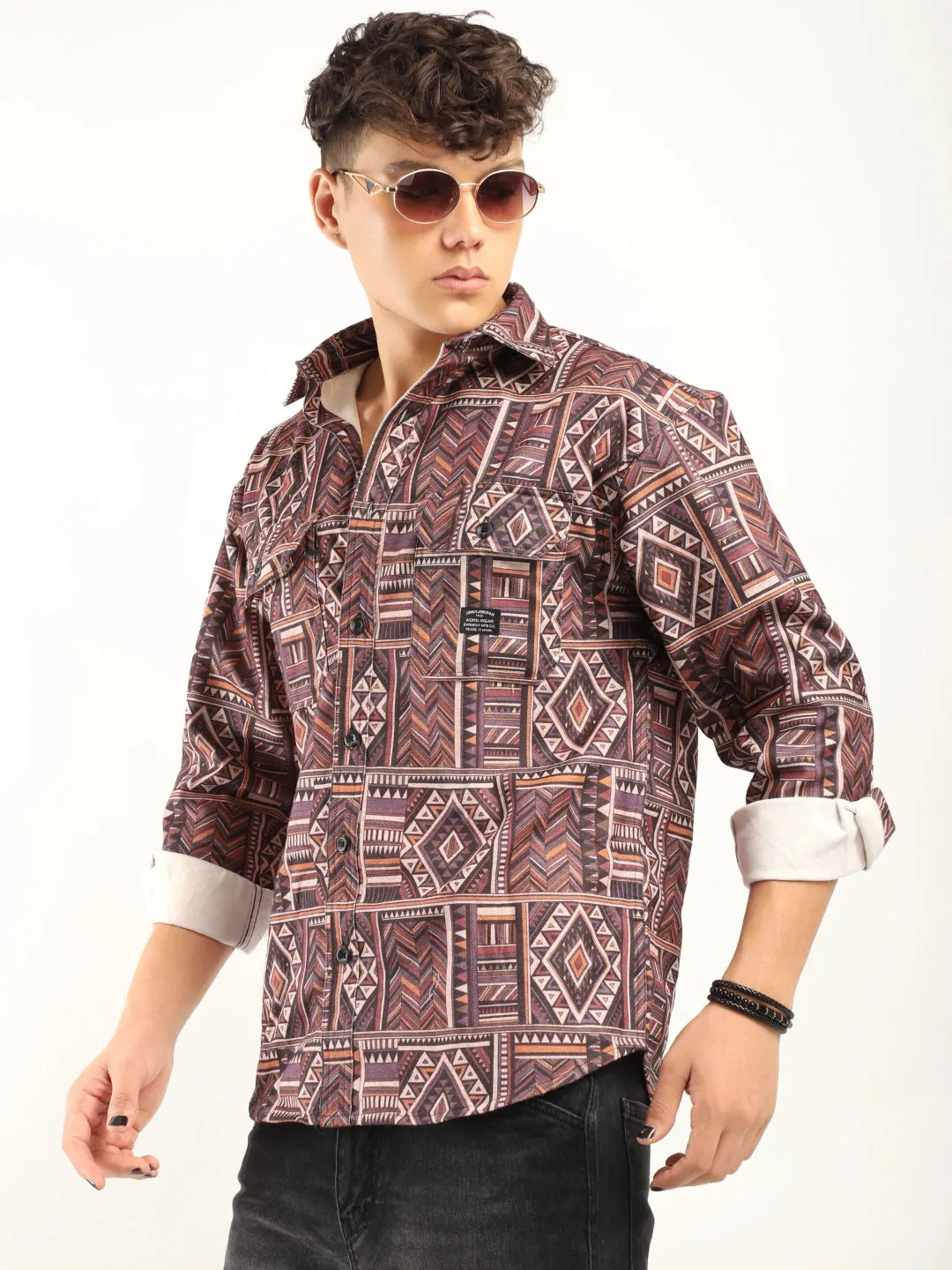 Fabric Jacquard Brown Full Sleeve Printed Shirt