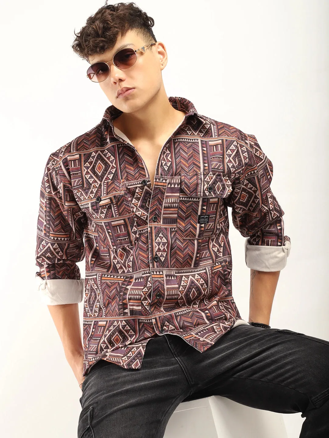 Fabric Jacquard Brown Full Sleeve Printed Shirt