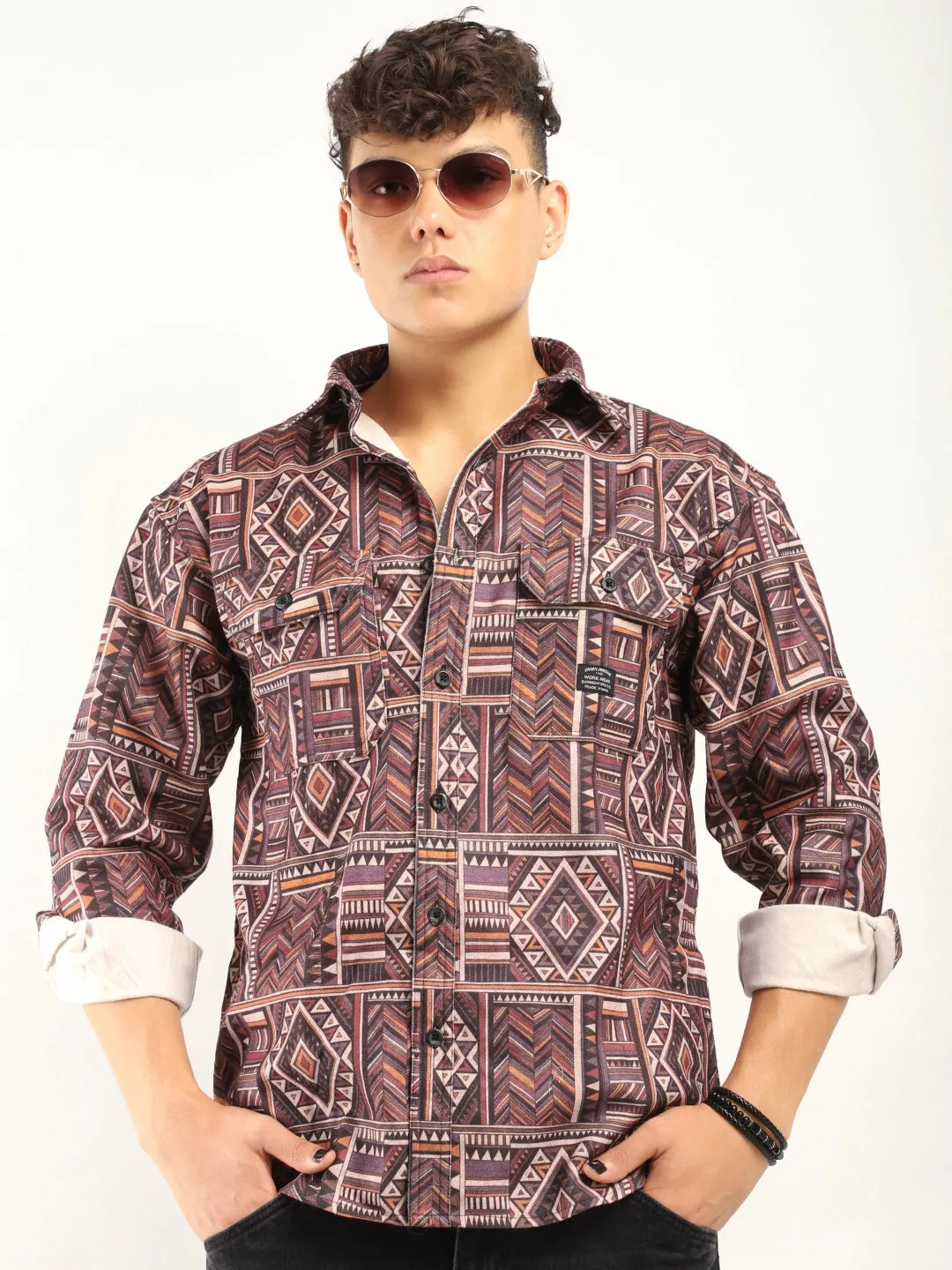 Fabric Jacquard Brown Full Sleeve Printed Shirt