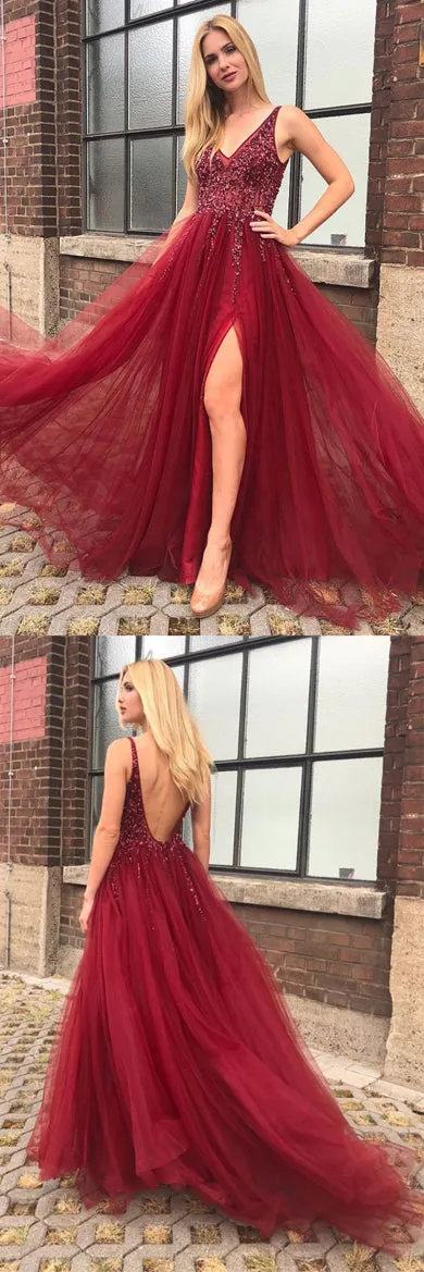 Fabulous Burgundy Tulle A-line V-neck Open Back Prom Dresses with Beading, SP446