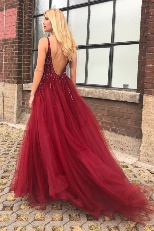 Fabulous Burgundy Tulle A-line V-neck Open Back Prom Dresses with Beading, SP446