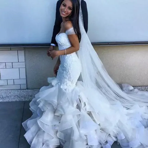 Fabulous Mermaid Sweetheart Off Shoulder Wedding Dresses, Ruffles Bridal Gown, SW137