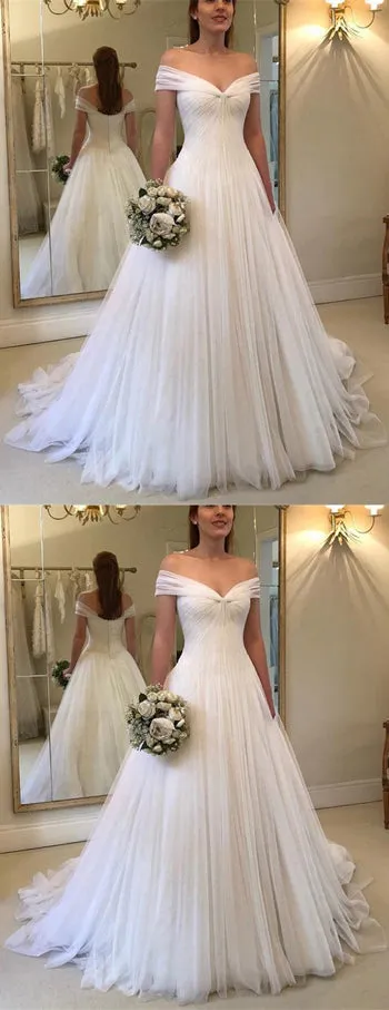 Fabulous Off Shoulder Pleated Tulle V-neck Princess White Wedding Dresses, SW192