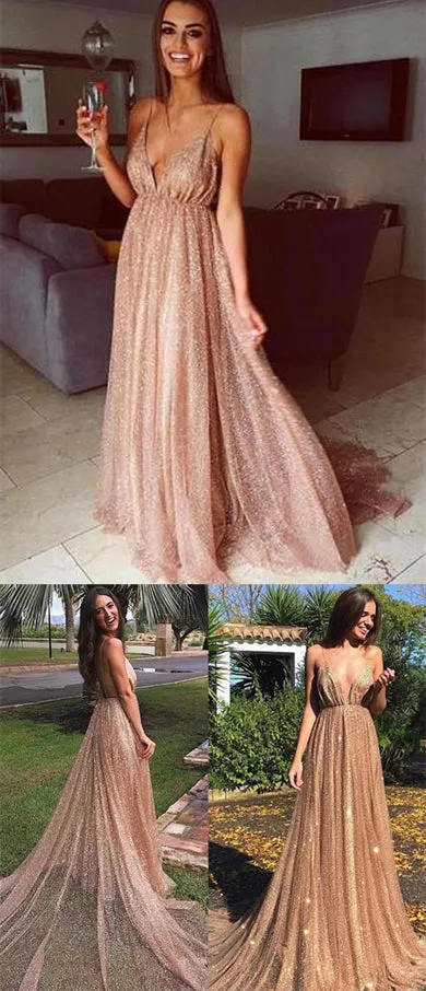 Fabulous Sparkly Lace Spaghetti Straps V-neck Prom Dresses Formal Dress, SP479