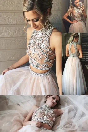 Fashion High Neck Prom Dresses,Two Piece Prom Gowns,A line Tulle Prom Dress with Beading,SIM630