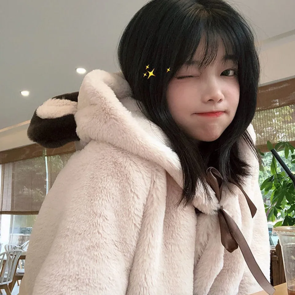 Fluffy Jacket With Koala Ear Hood