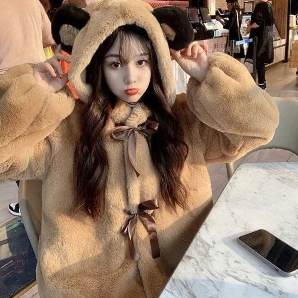 Fluffy Jacket With Koala Ear Hood