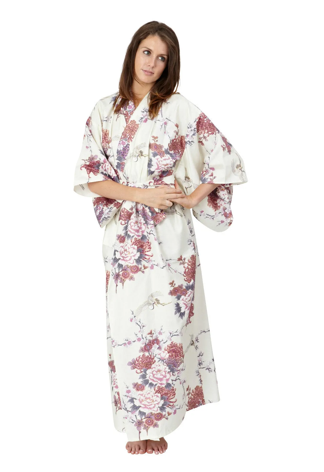 Flying Crane & Peony Long Cotton Kimono