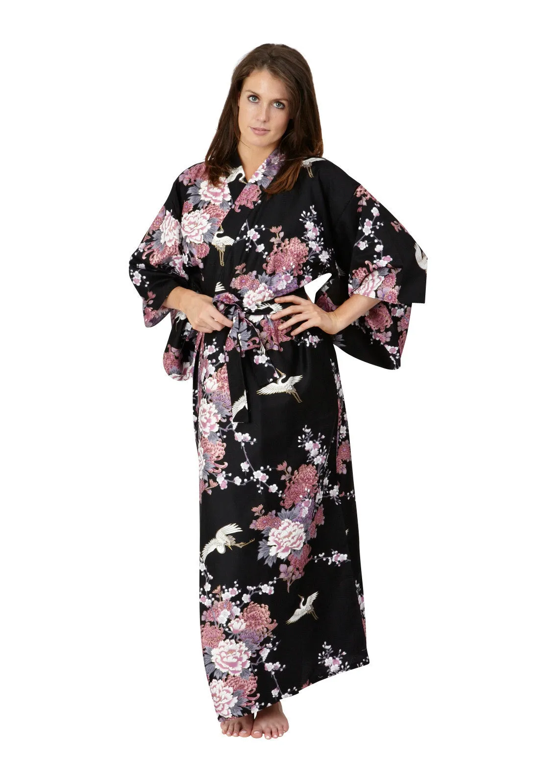 Flying Crane & Peony Long Cotton Kimono