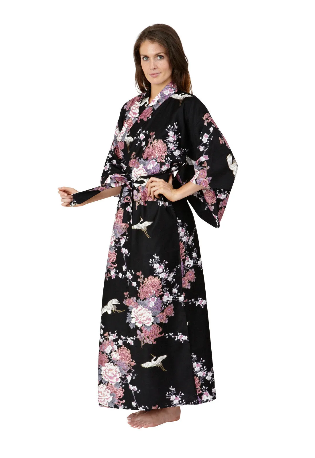 Flying Crane & Peony Long Cotton Kimono