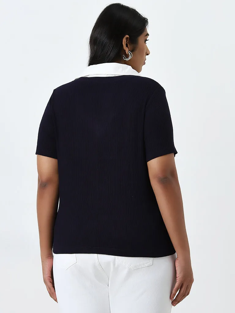 Gia Navy Ribbed Collared T-Shirt