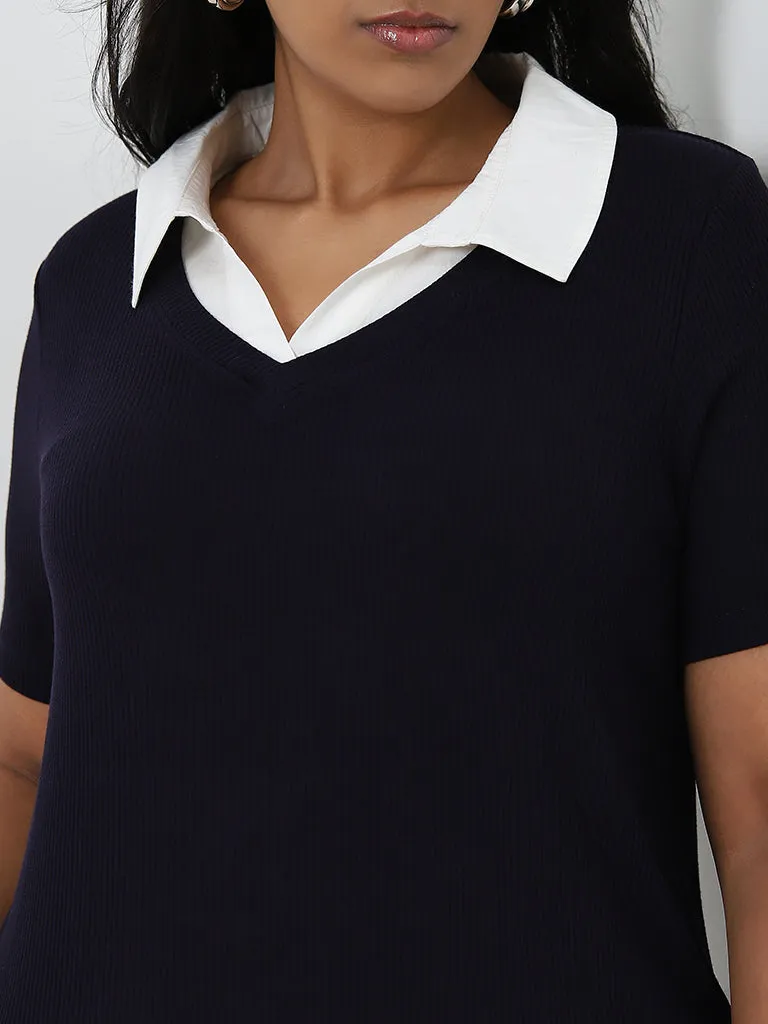 Gia Navy Ribbed Collared T-Shirt