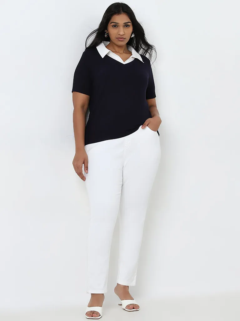 Gia Navy Ribbed Collared T-Shirt