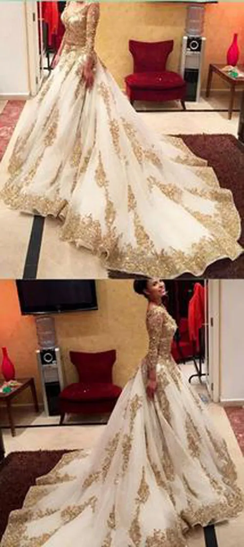 Gold Lace V-Neck Long Sleeves Chapel Train Ball Gown Wedding Dresses with Beading,SW87