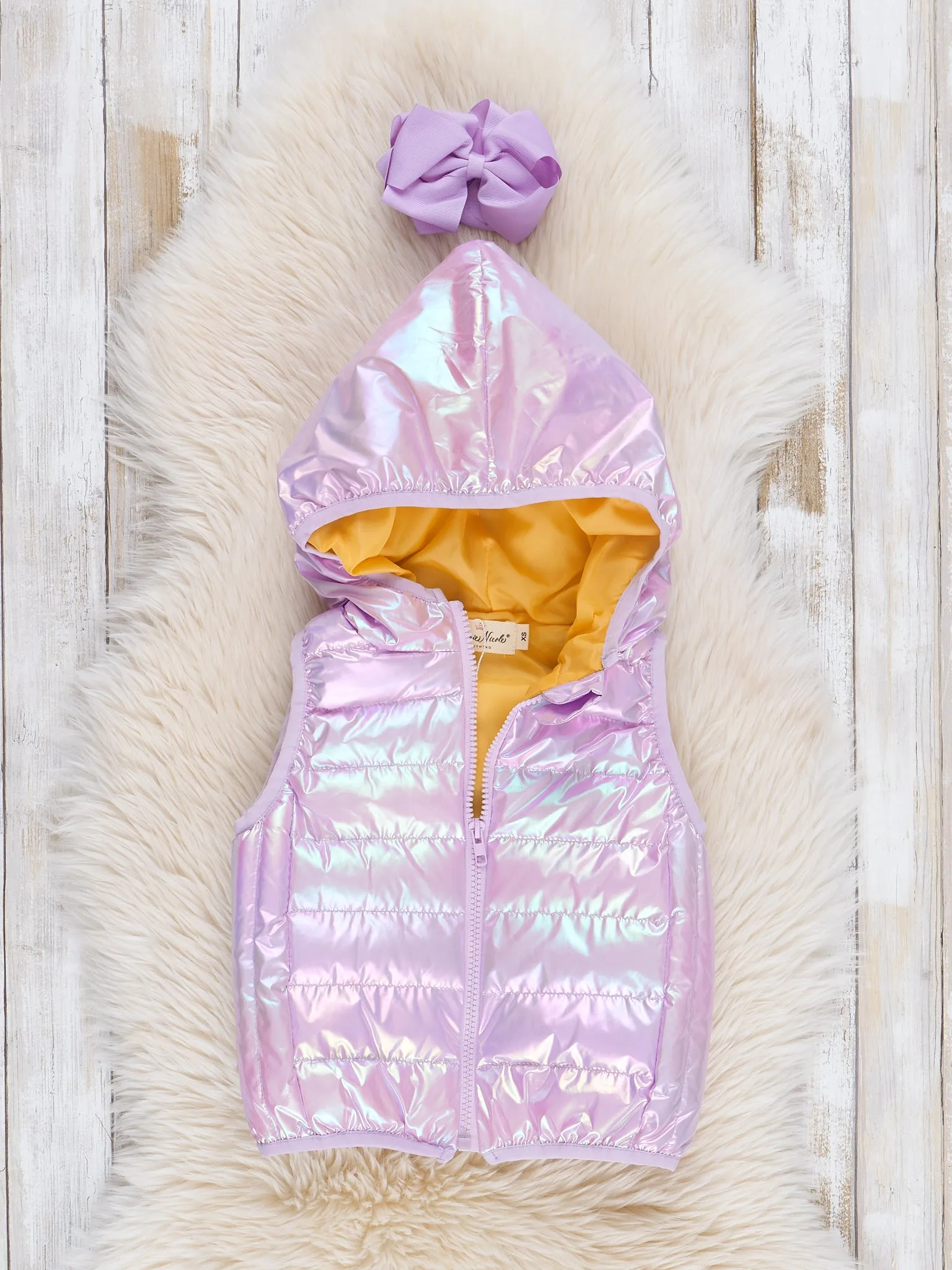 Hooded Iridescent Puffer Vest - Lilac