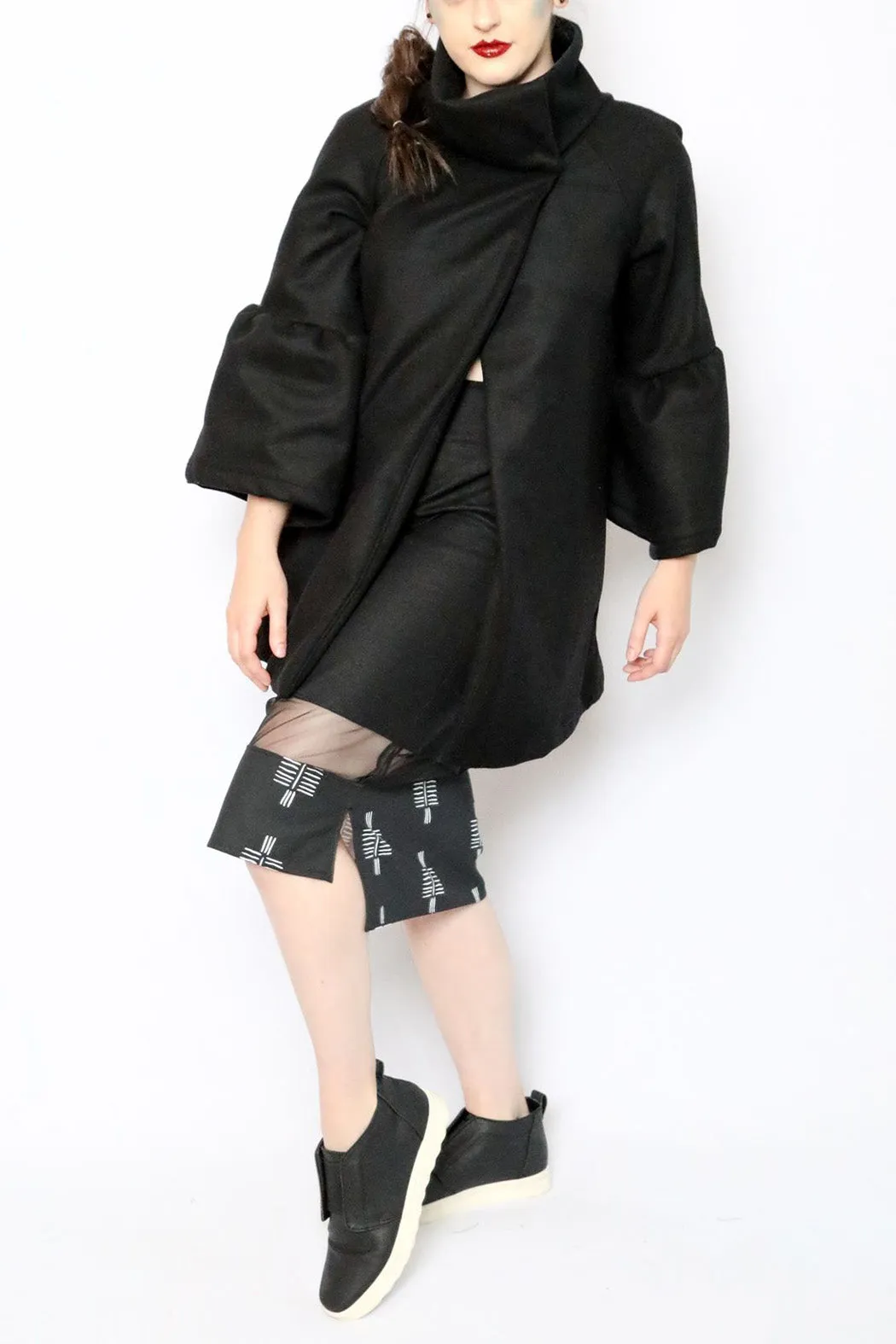 Isis Ruffle Sleeve Swing Coat in Black