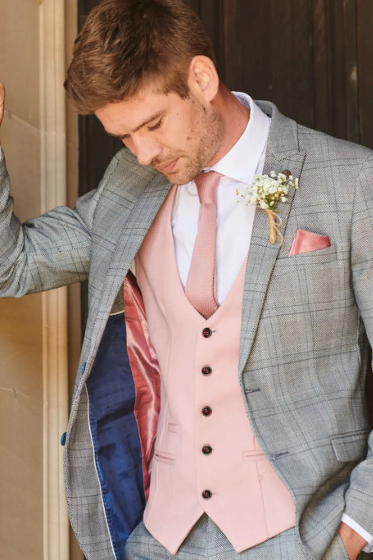 JERRY - Grey Check Suit With Kelvin Pink Waistcoat