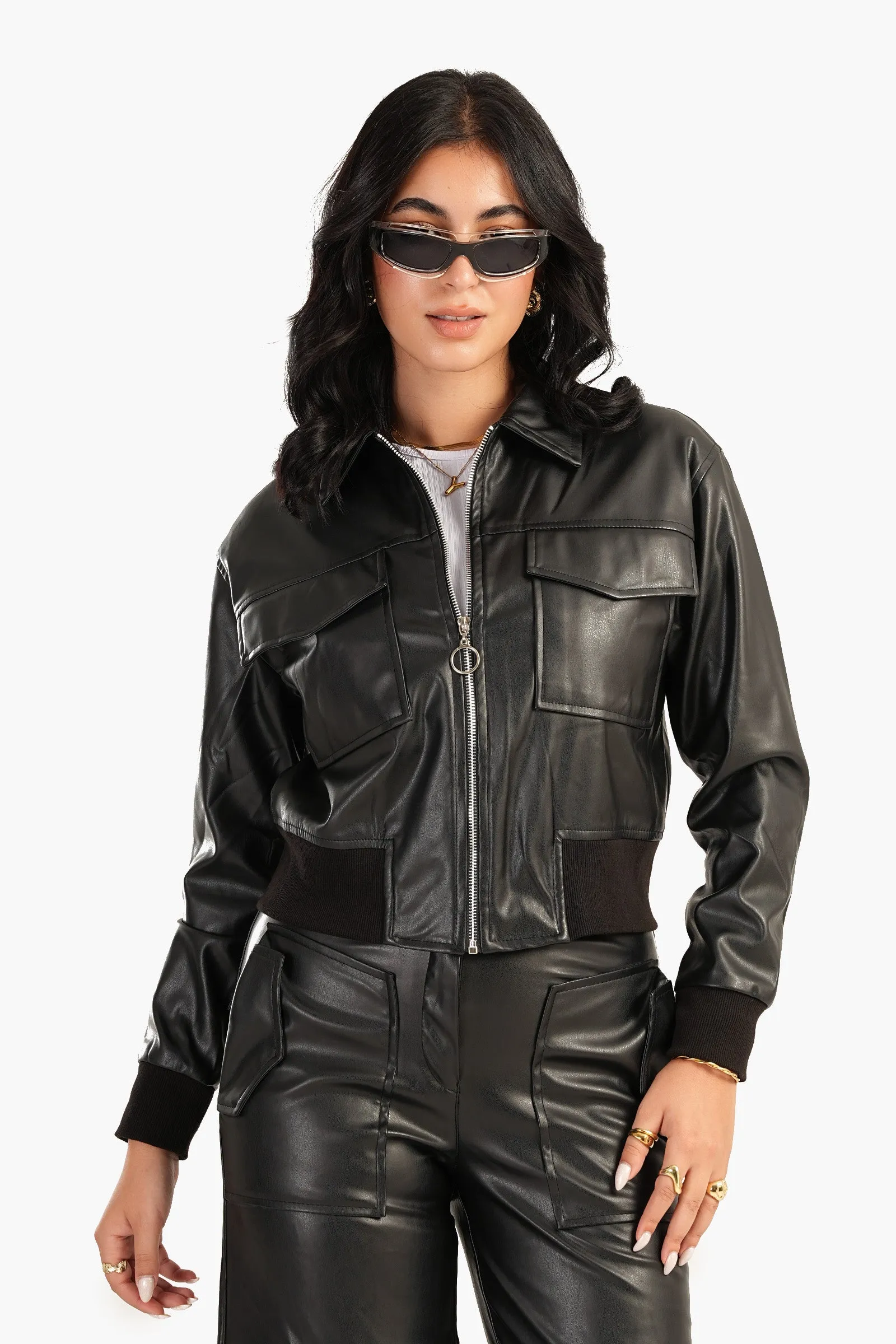 Leather Jacket with Elasic Hem