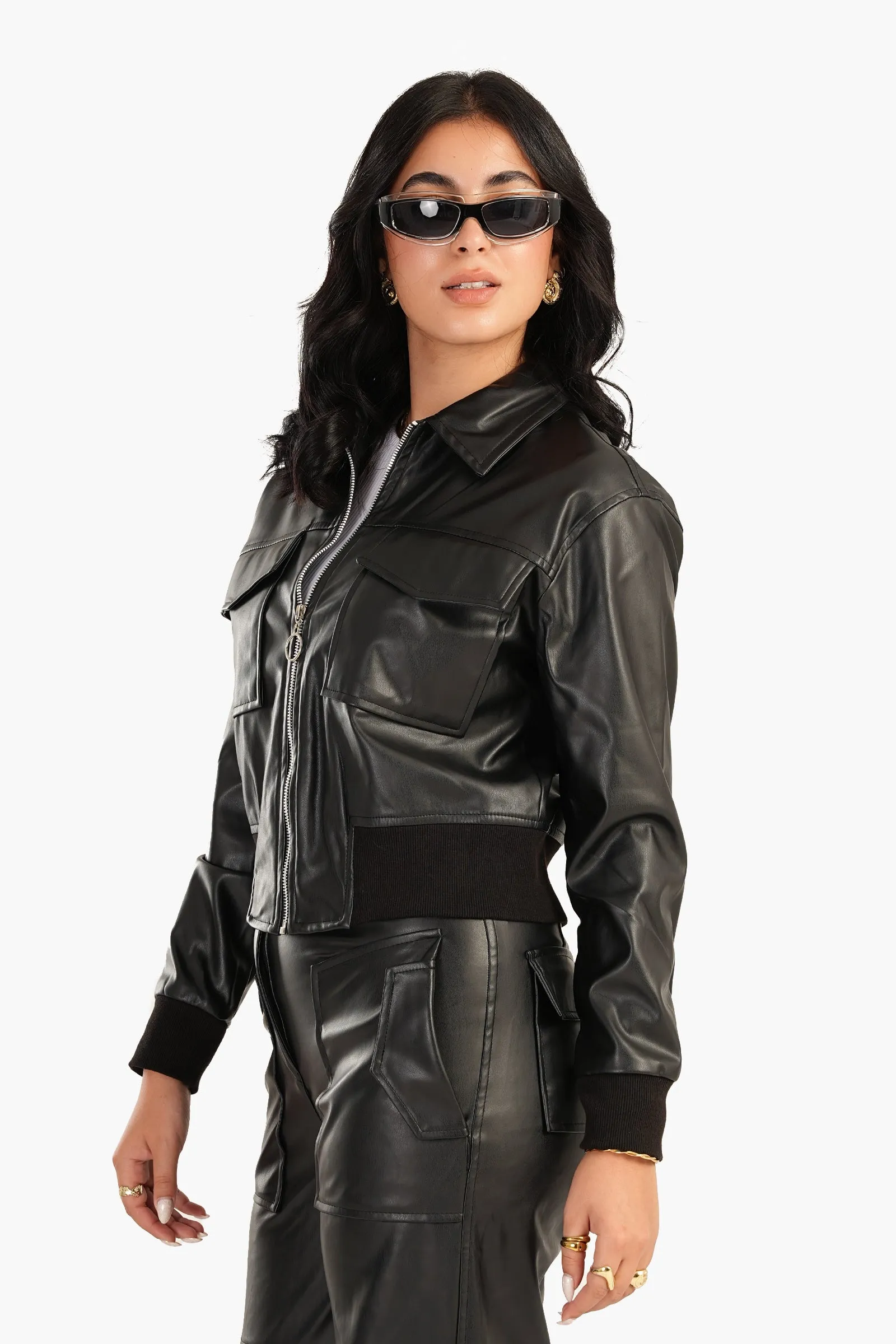 Leather Jacket with Elasic Hem