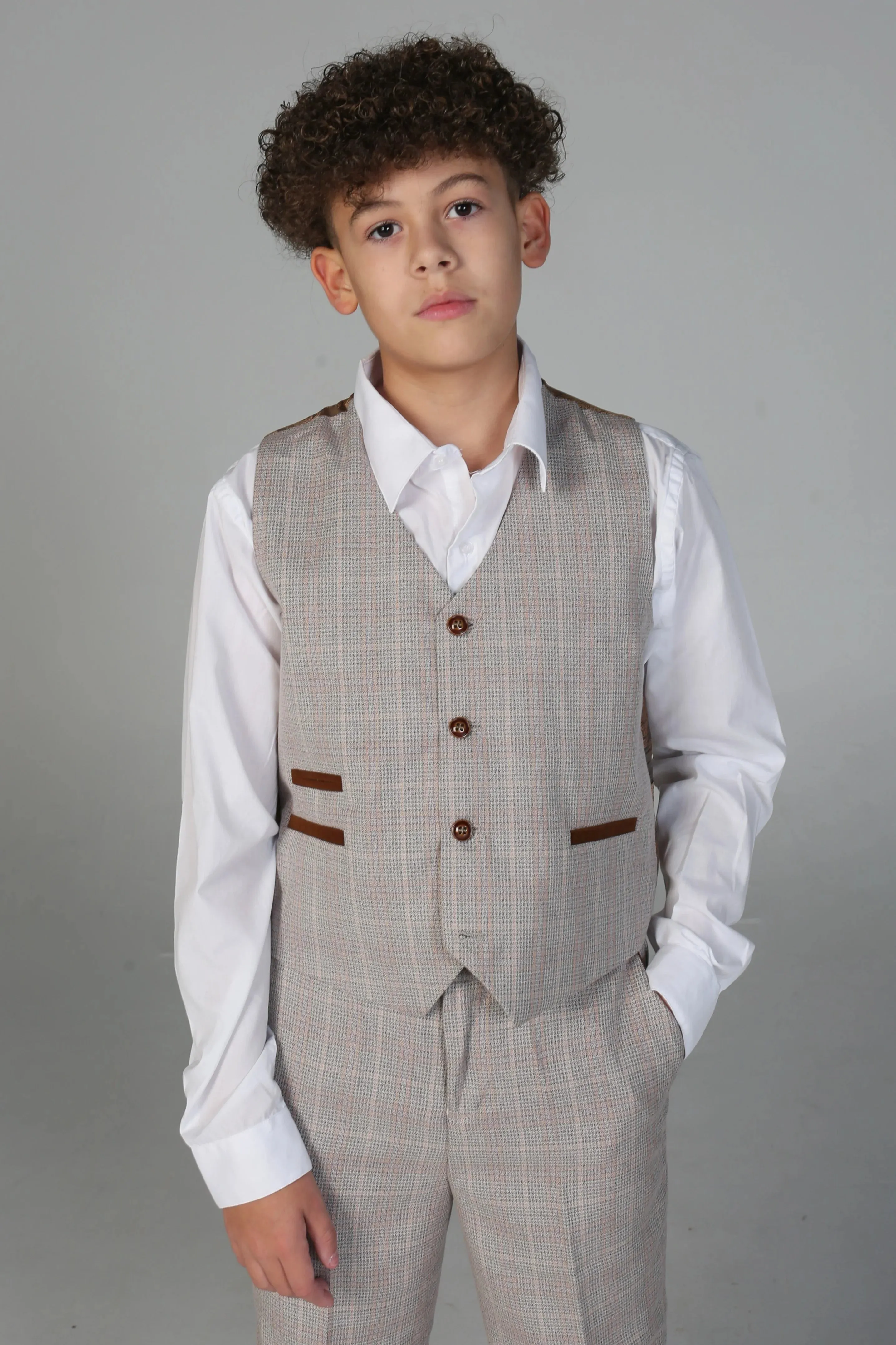 Leo - Boys Beige 3 Piece Checked Suit