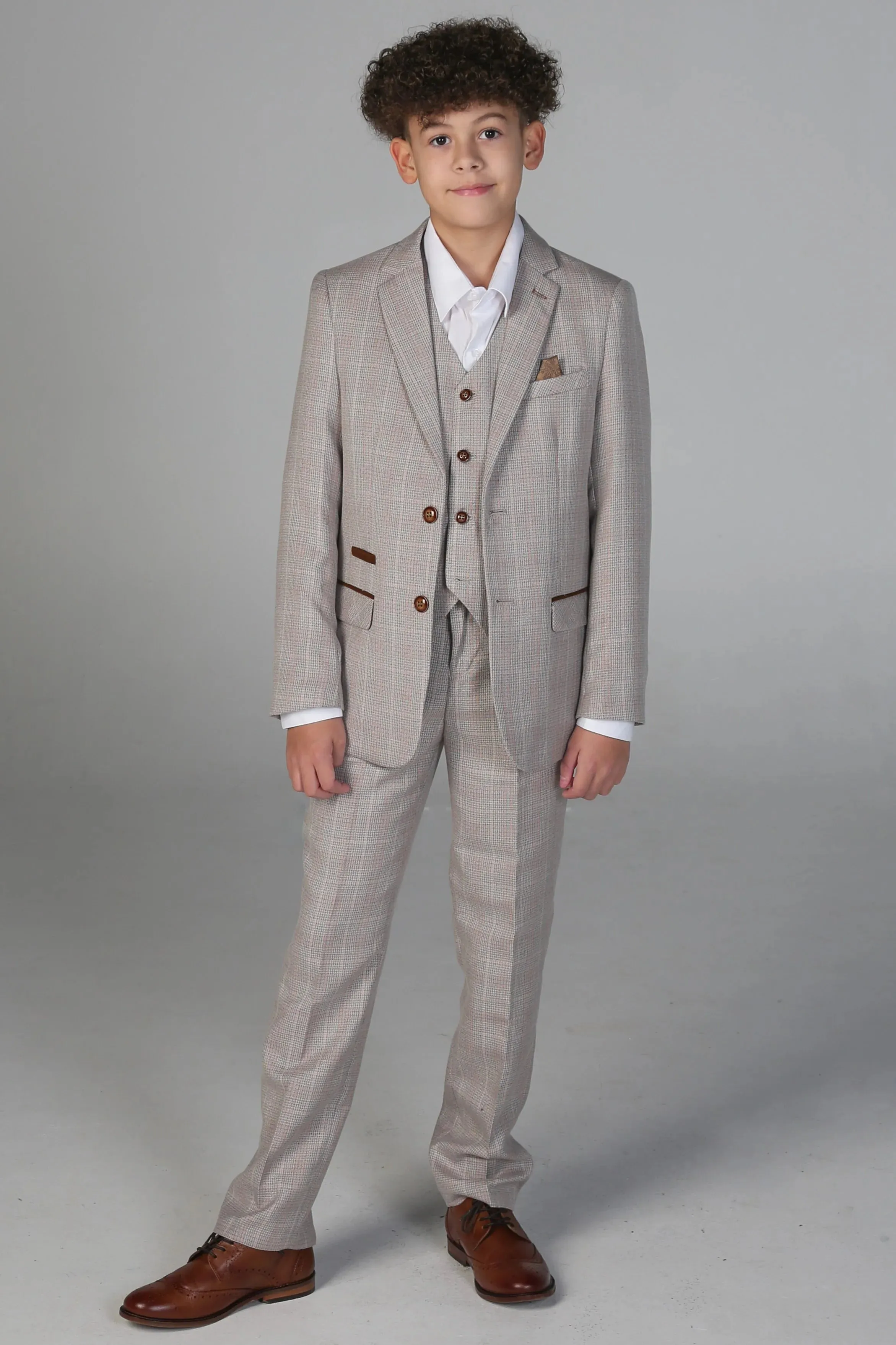 Leo - Boys Beige 3 Piece Checked Suit