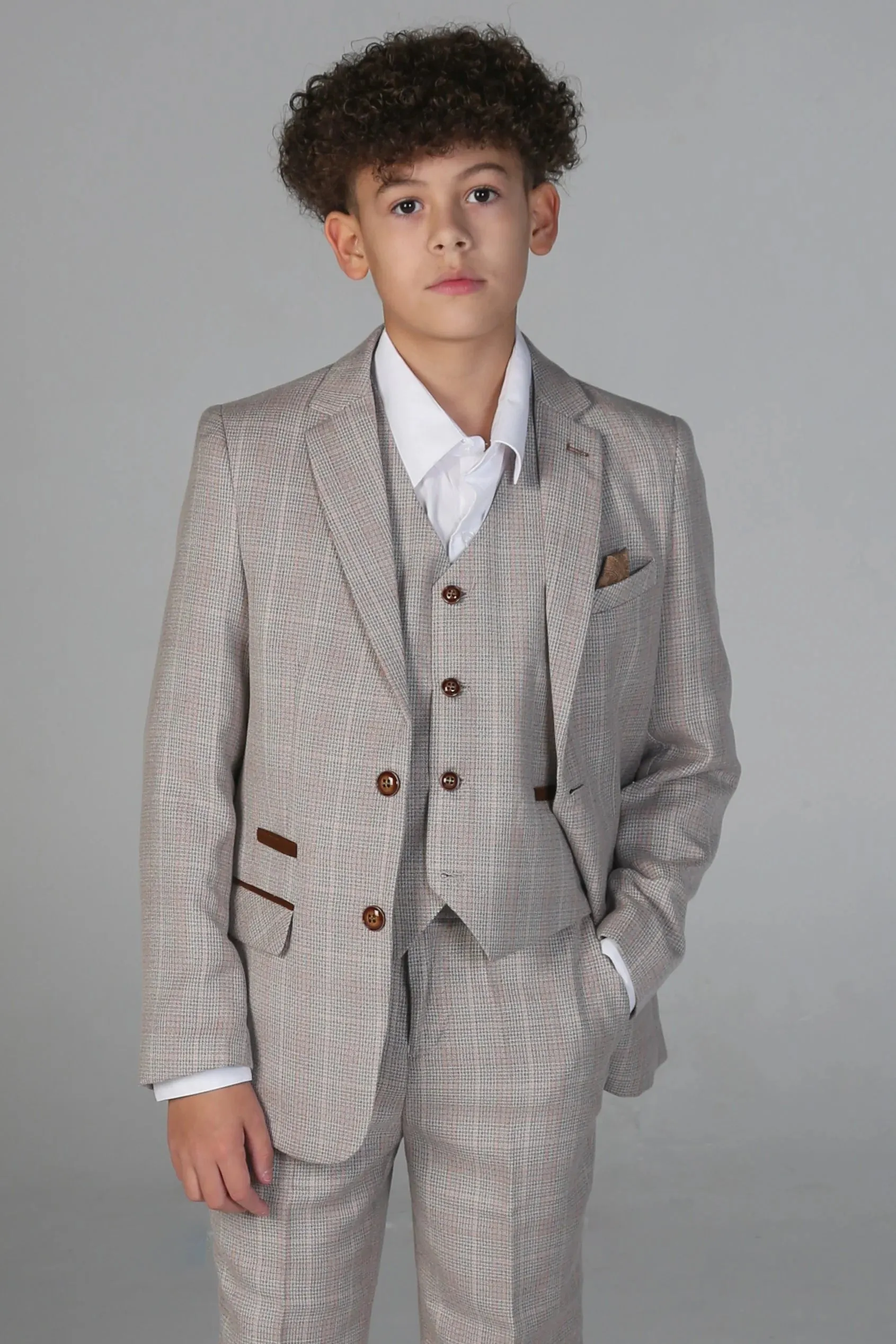 Leo - Boys Beige 3 Piece Checked Suit