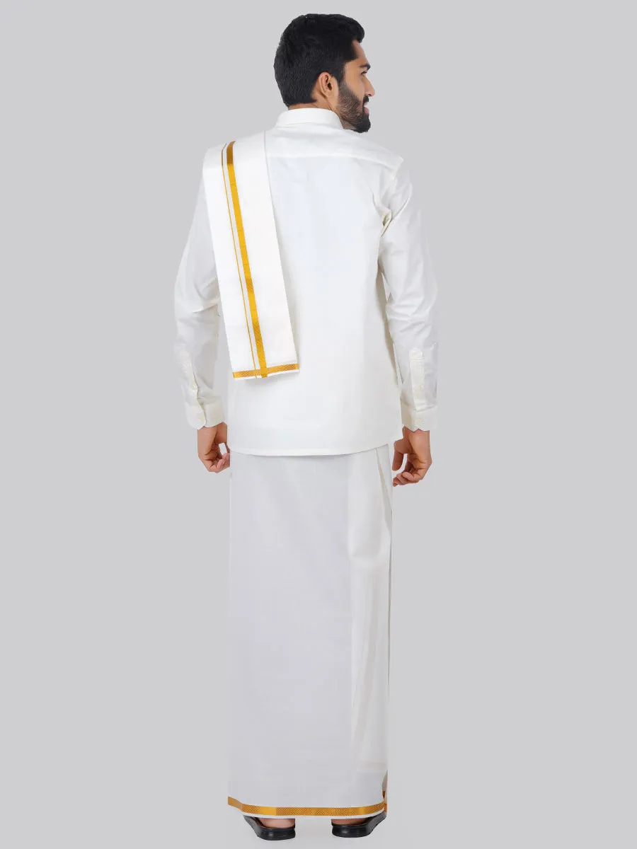 Like Father Like Son Cream Full Sleeves Shirt Dhoti & Towel Set Combo