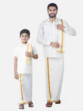 Like Father Like Son Cream Full Sleeves Shirt Dhoti & Towel Set Combo