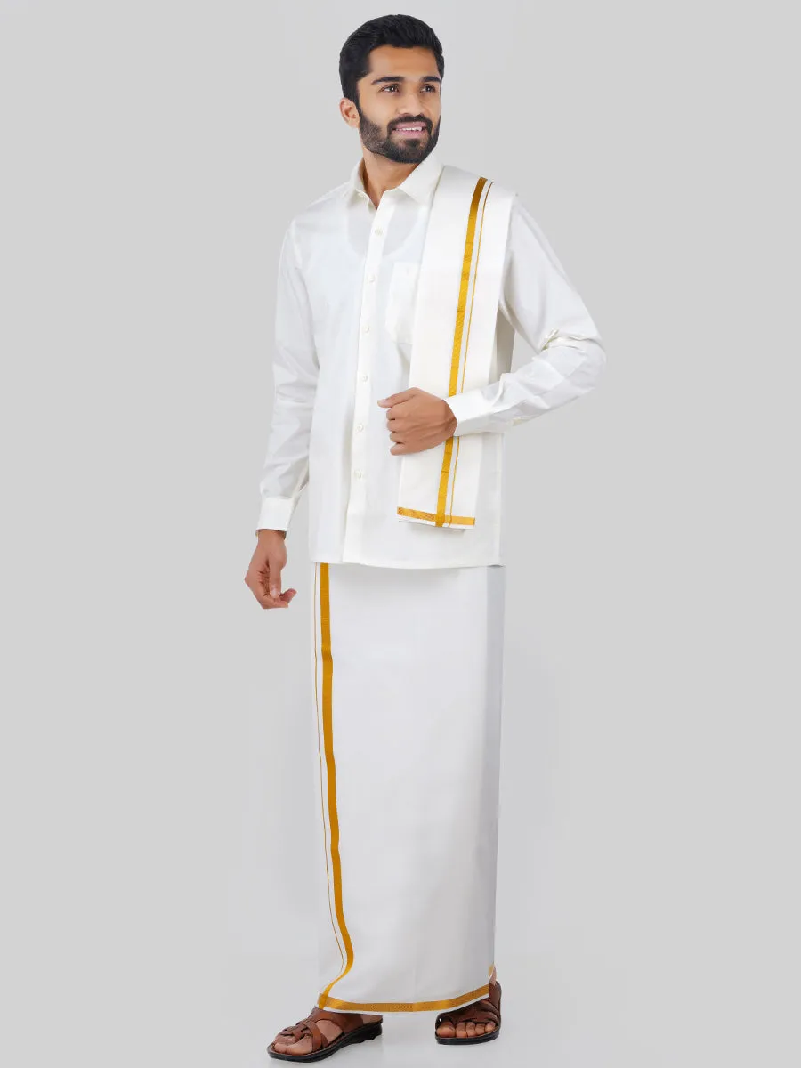 Like Father Like Son Cream Full Sleeves Shirt Dhoti & Towel Set Combo