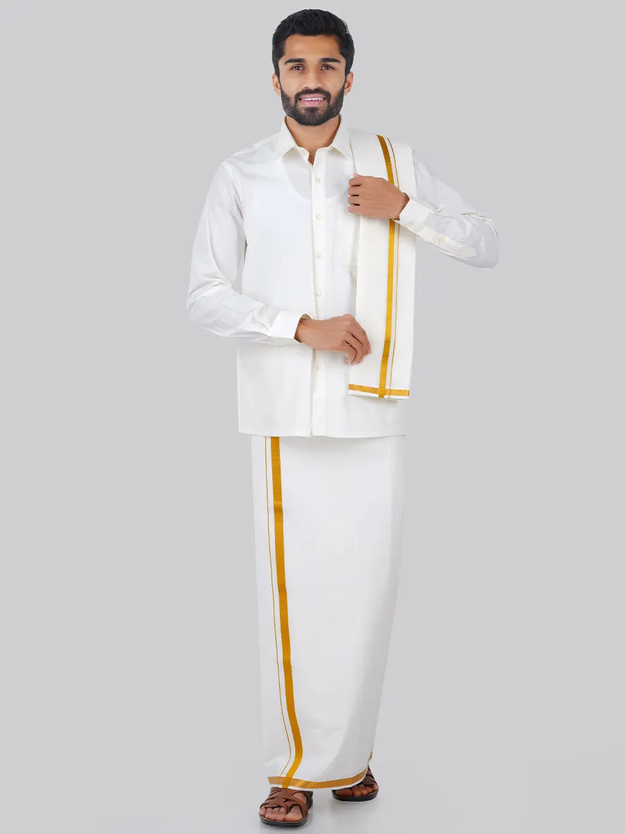 Like Father Like Son Cream Full Sleeves Shirt Dhoti & Towel Set Combo