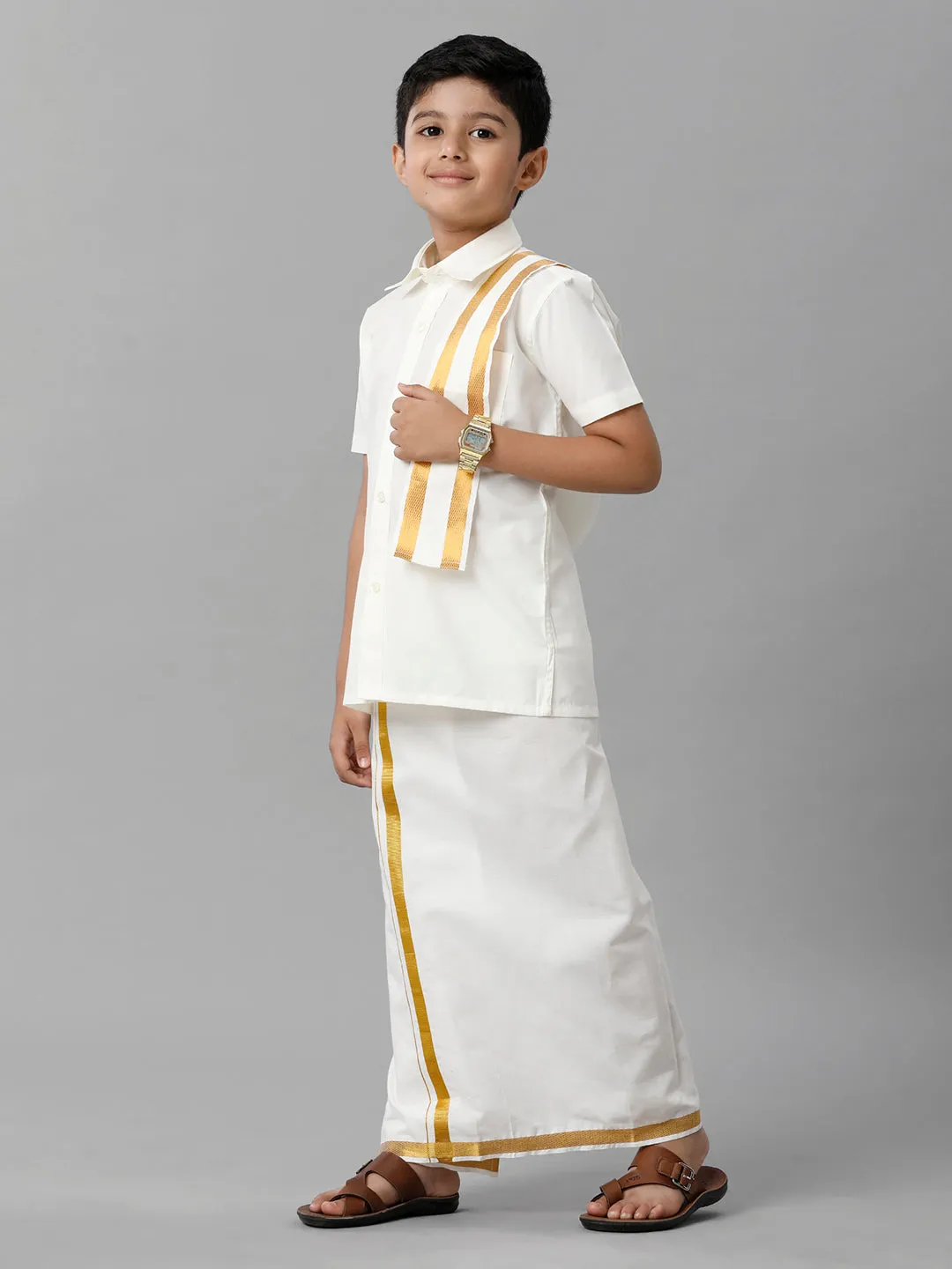 Like Father Like Son Cream Full Sleeves Shirt Dhoti & Towel Set Combo